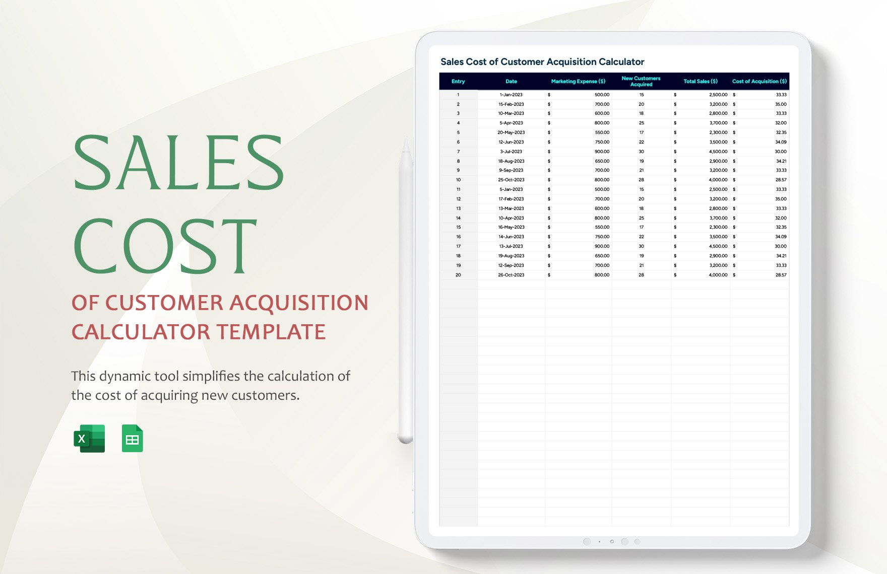 Sales Cost of Customer Acquisition Calculator Template in Excel, Google Sheets