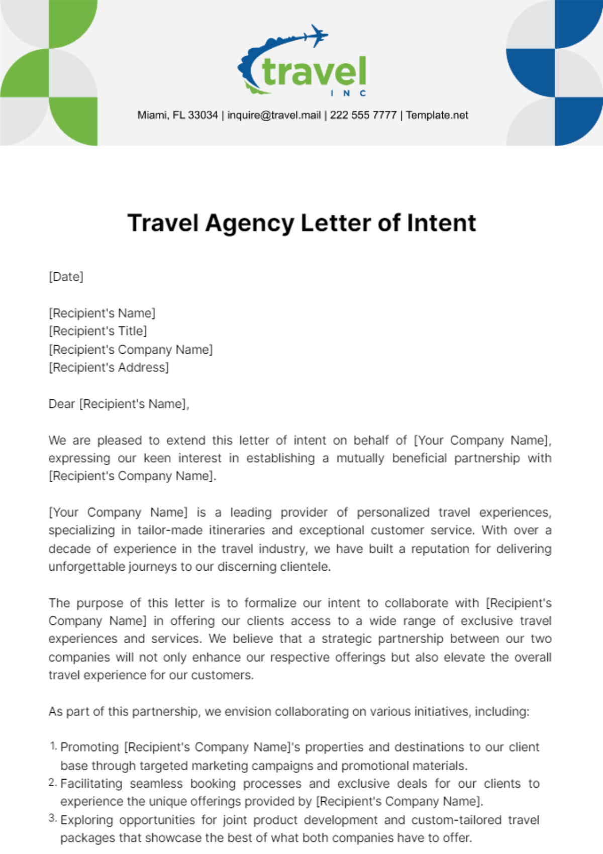 Travel Agency Letter of Intent Template