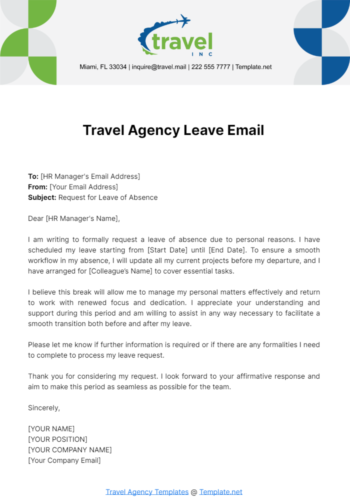 Travel Agency Leave Email Template