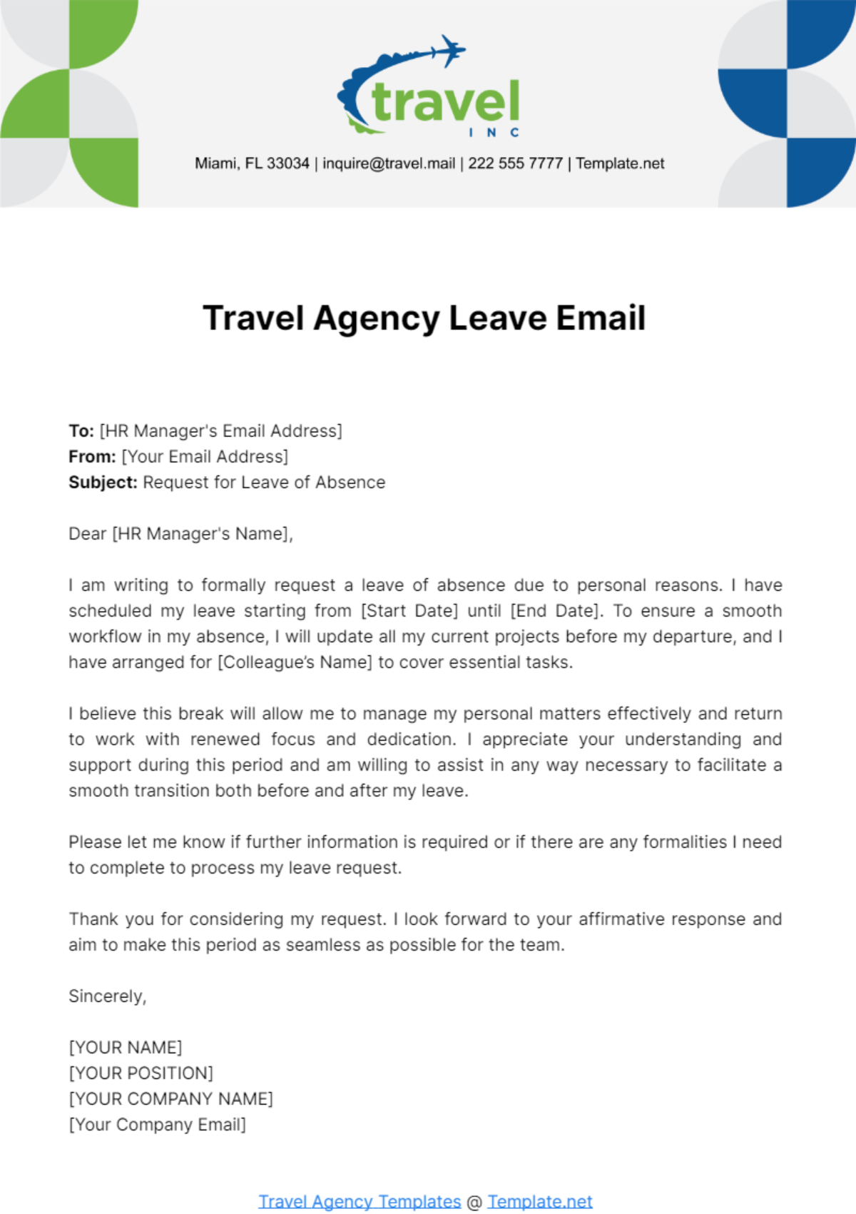 Travel Agency Leave Email Template - Edit Online & Download