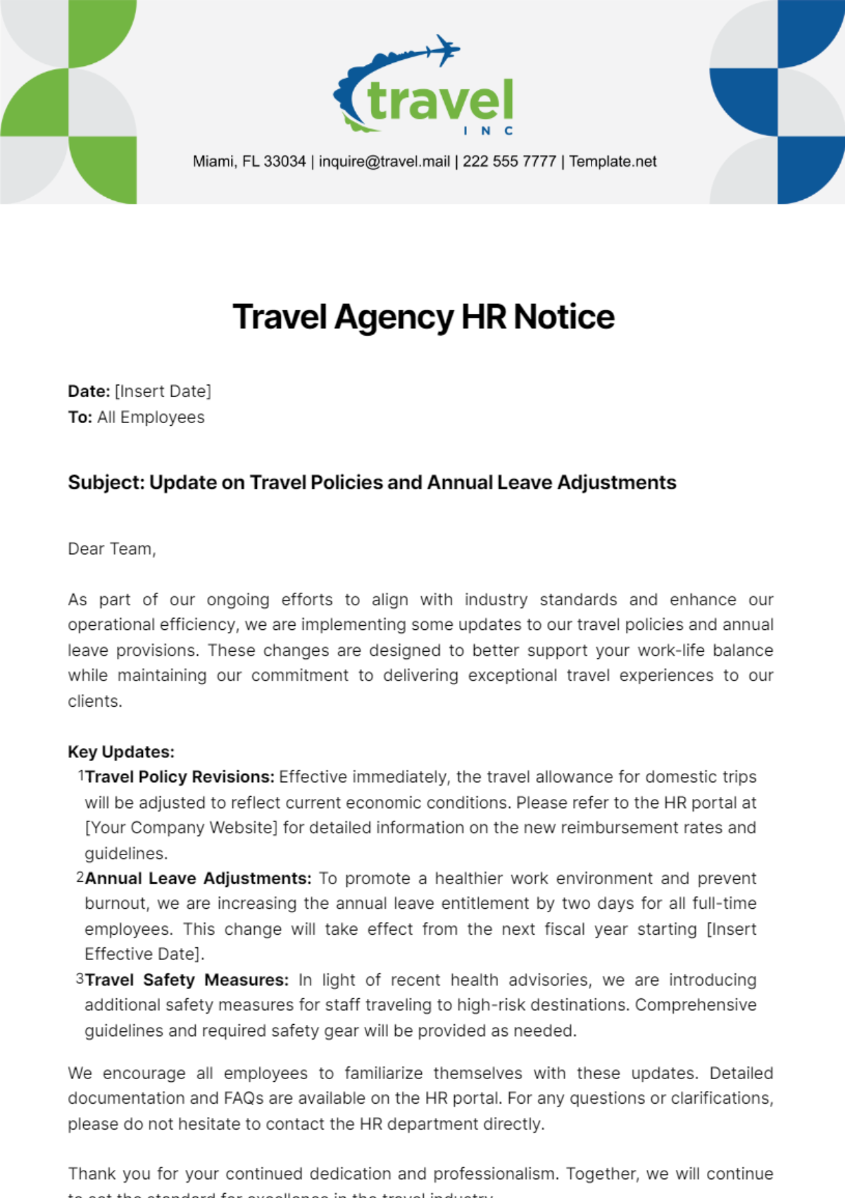 Free Travel Agency HR Notice Template
