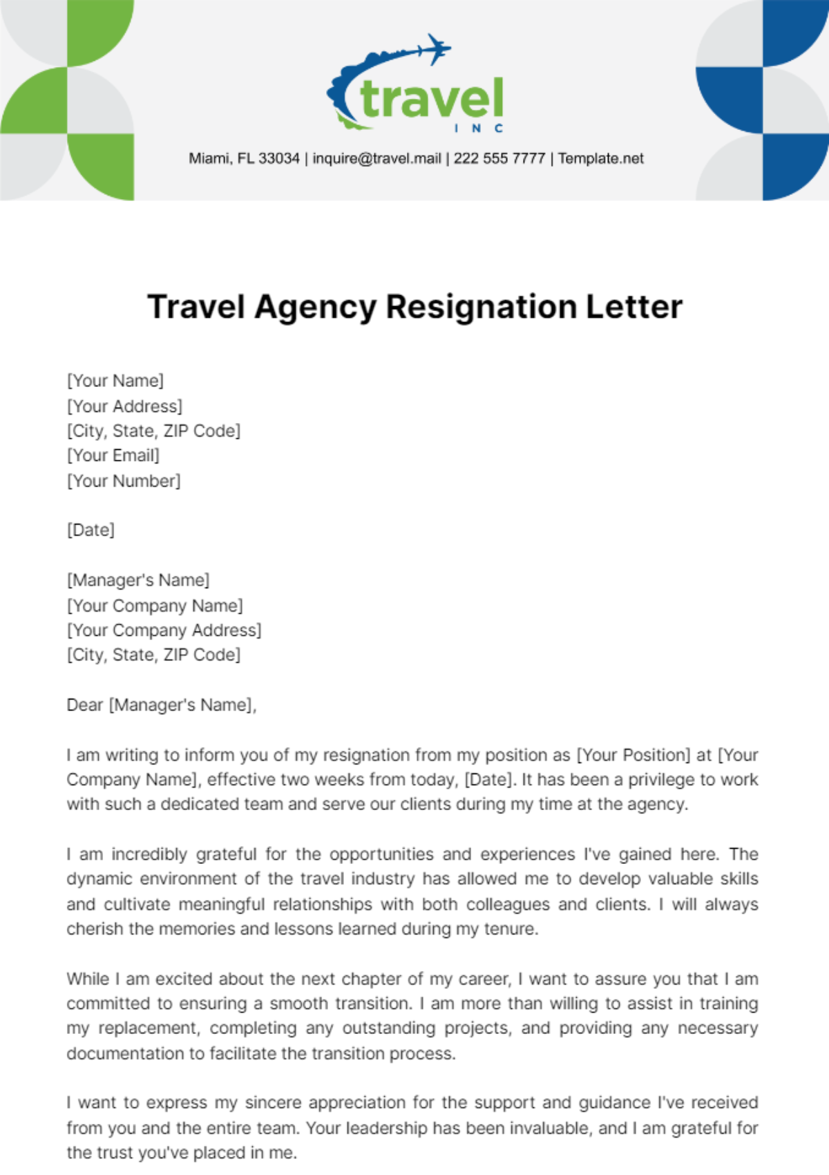 Travel Agency Resignation Letter Template
