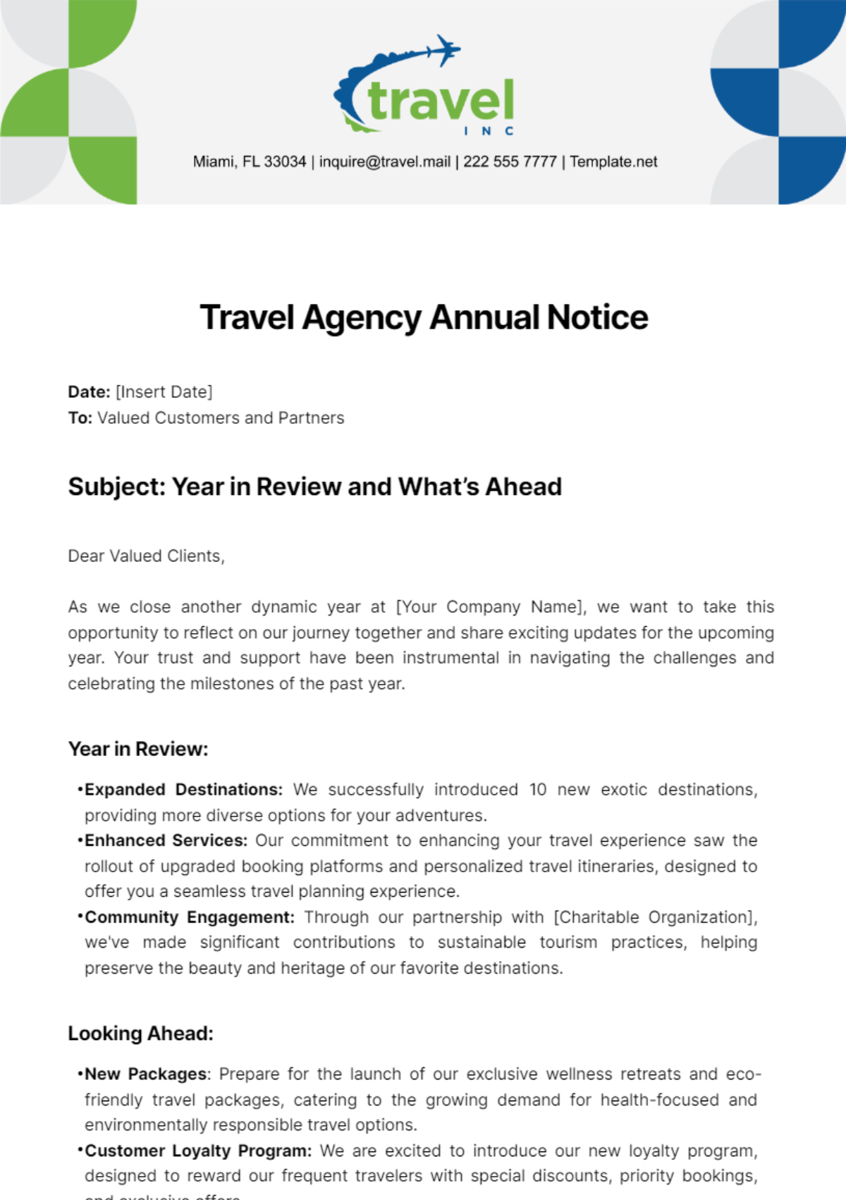 Travel Agency Annual Notice Template