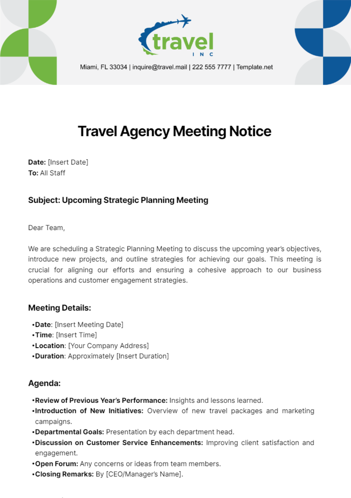 Free Travel Agency Meeting Notice Template