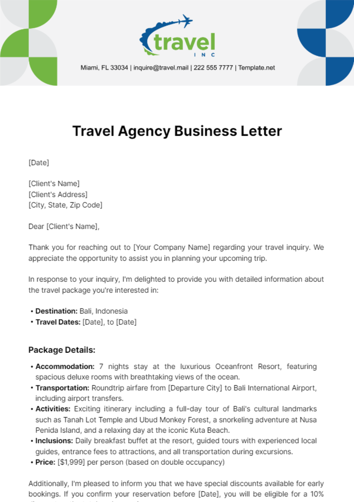 Travel Agency Business Letter Template