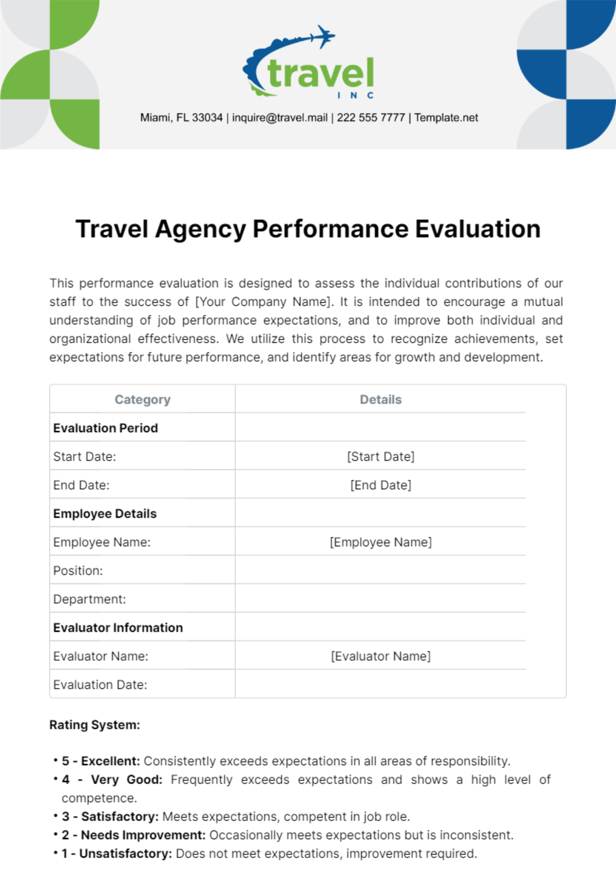Free Travel Agency Performance Evaluation Template