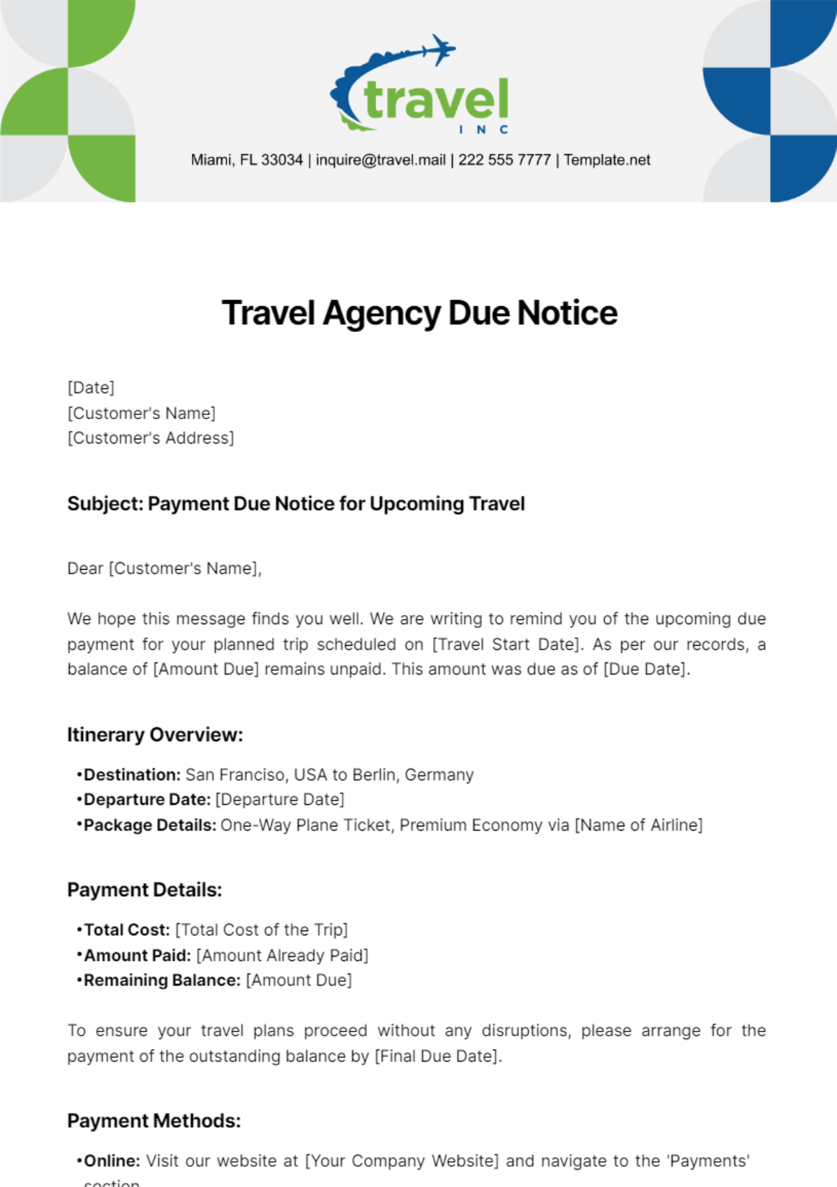 Travel Agency Due Notice Template