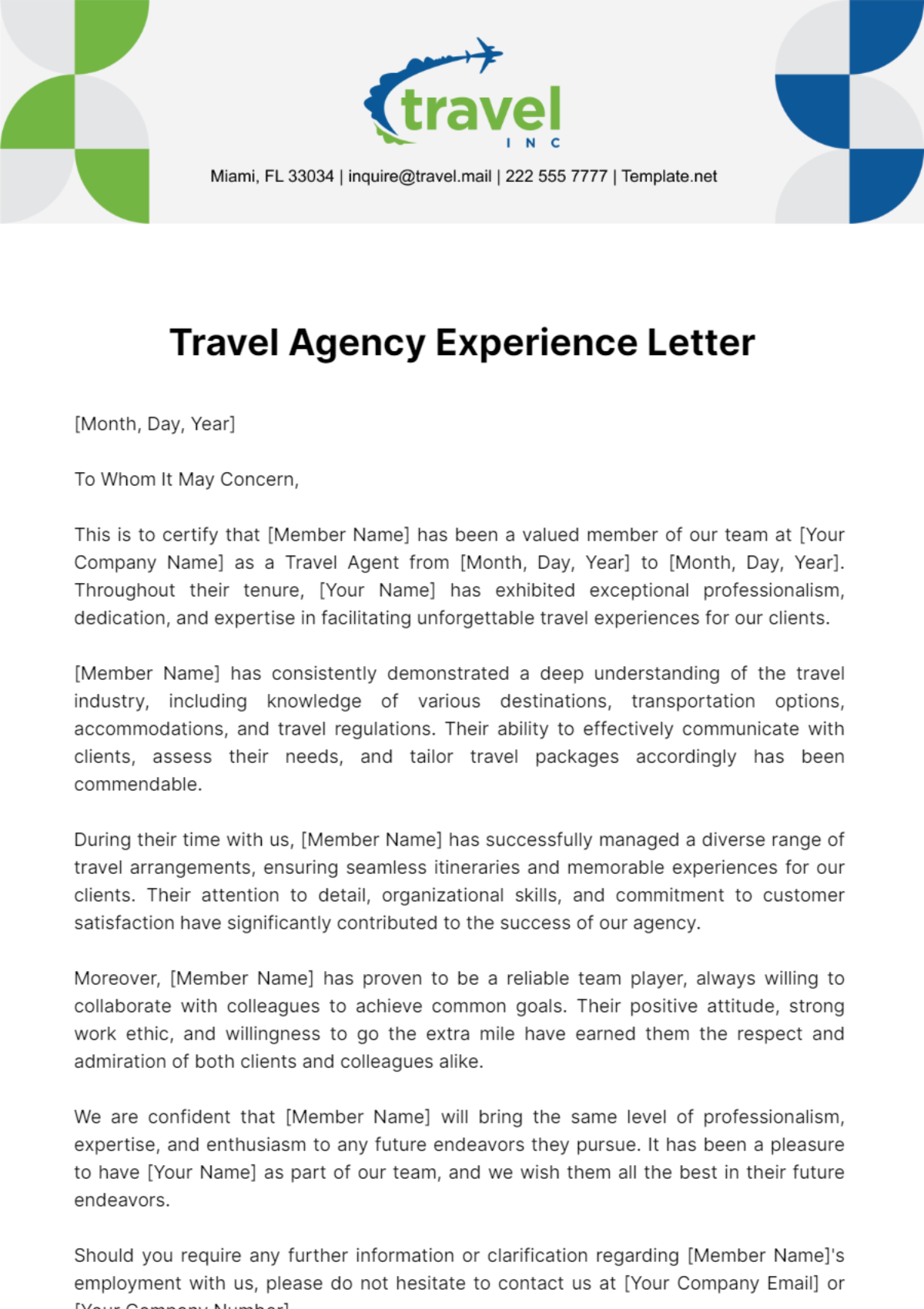 Free Travel Agency Experience Letter Template