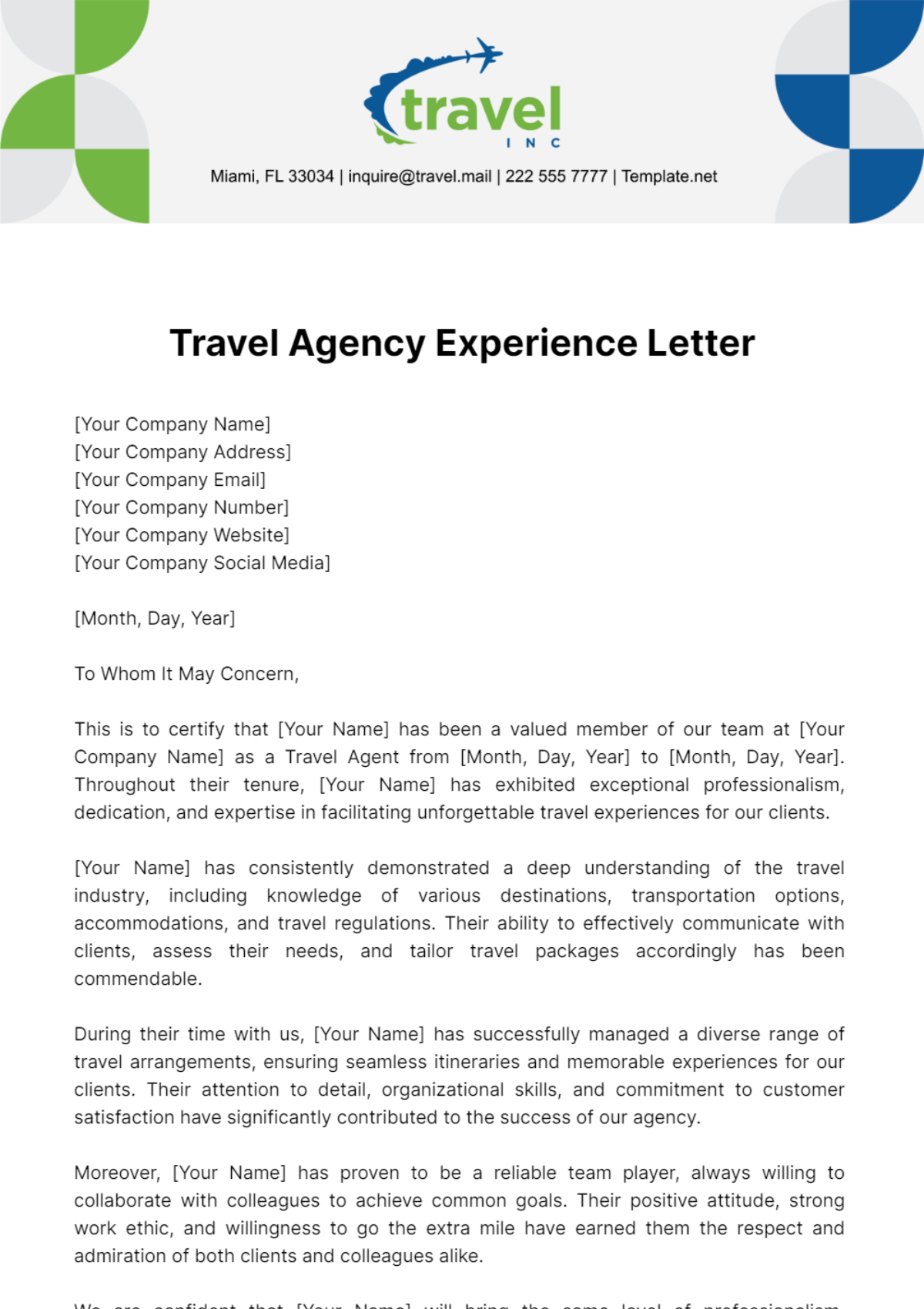 Travel Agency Experience Letter Template