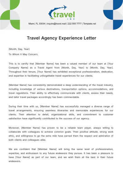 Free Travel Agency Experience Letter Template to Edit Online