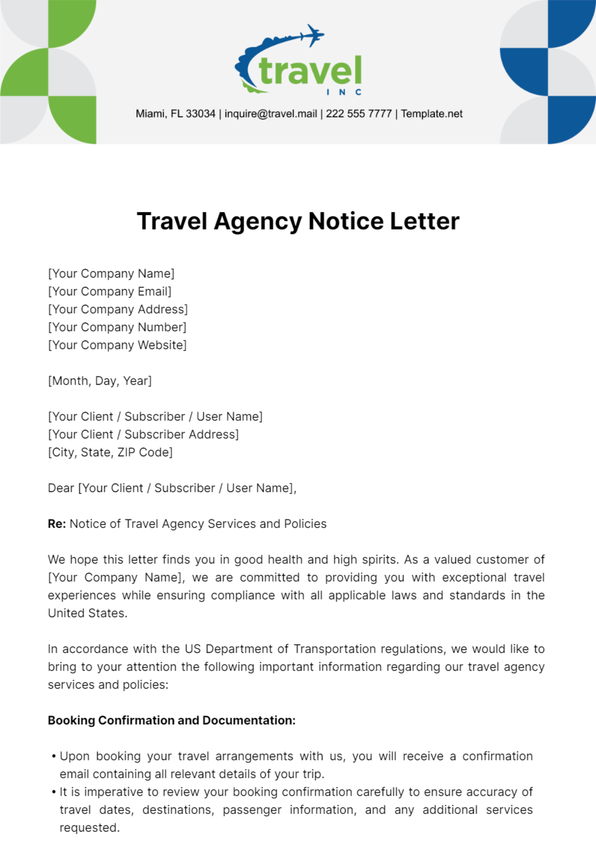 Travel Agency Notice Letter Template