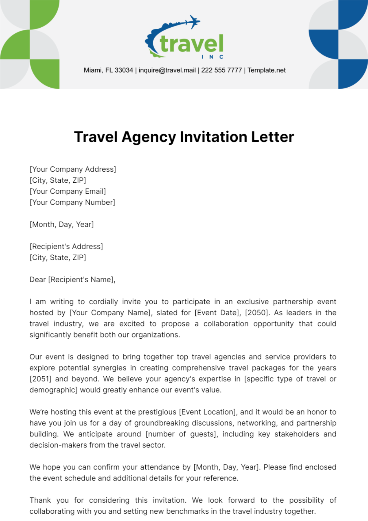 Travel Agency Invitation Letter Template