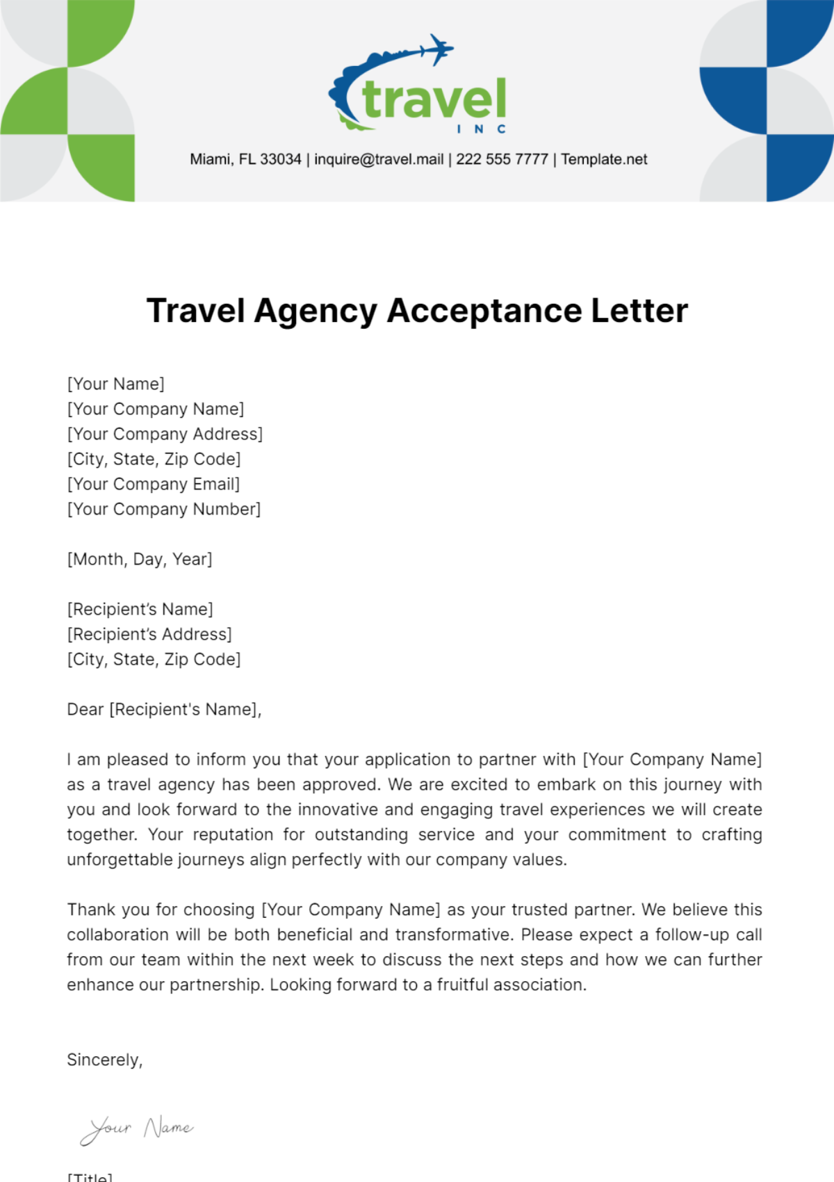 Free Travel Agency Acceptance Letter Template