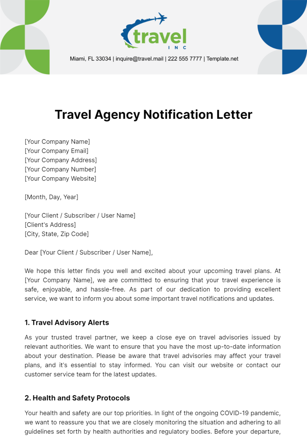 Travel Agency Notification Letter Template