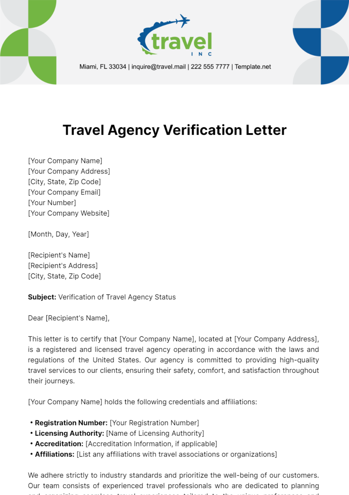 Free Travel Agency Verification Letter Template