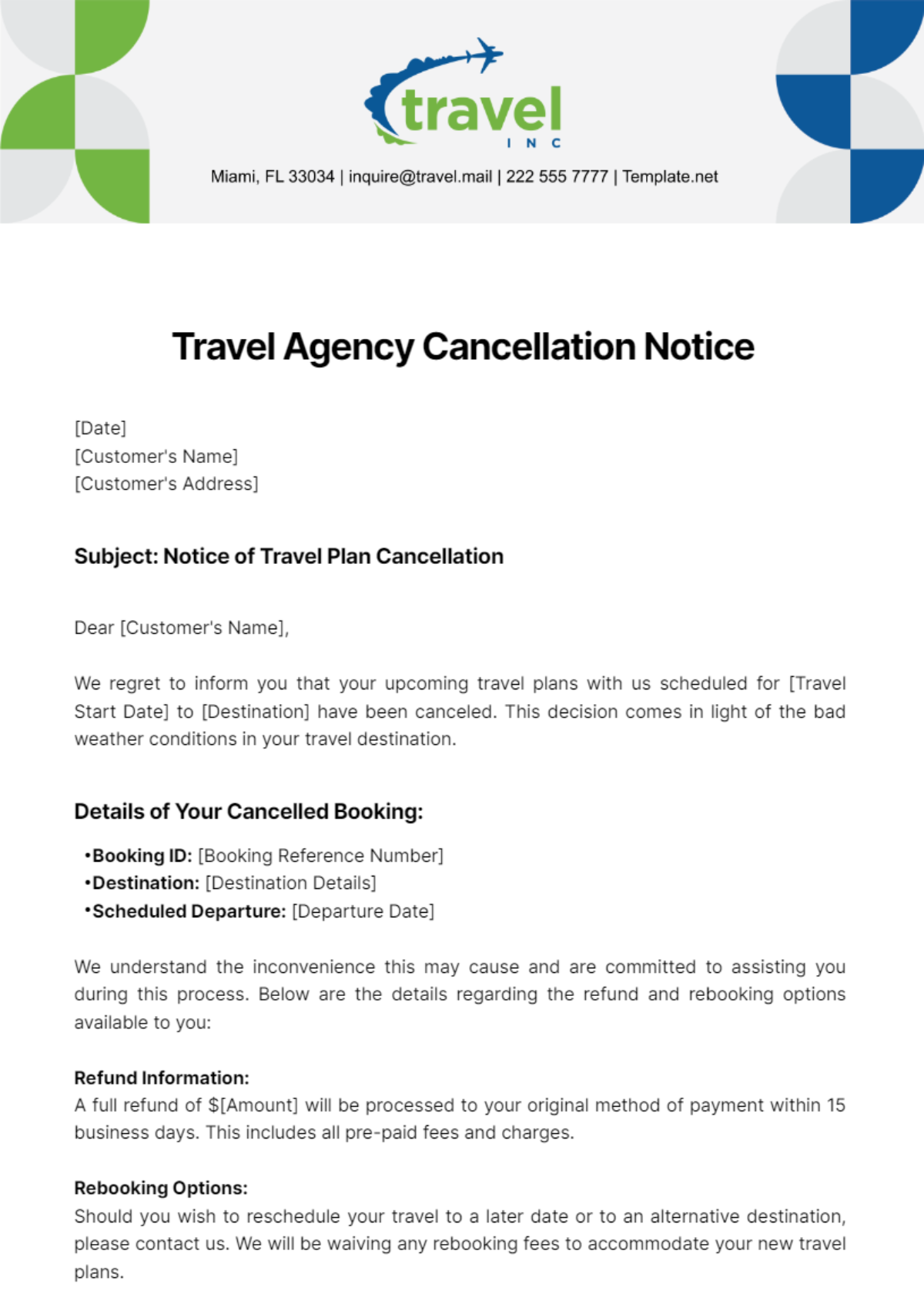 Travel Agency Cancellation Notice Template