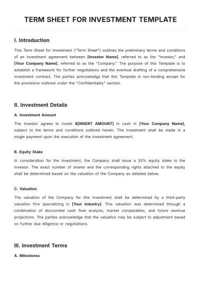 Free Term Sheet for Investment Template to Edit Online