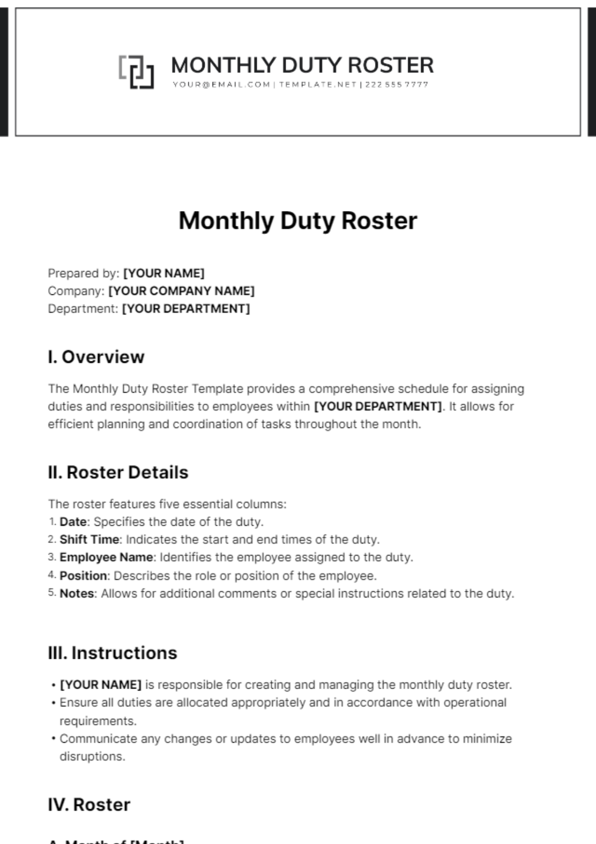 Monthly Duty Roster Template