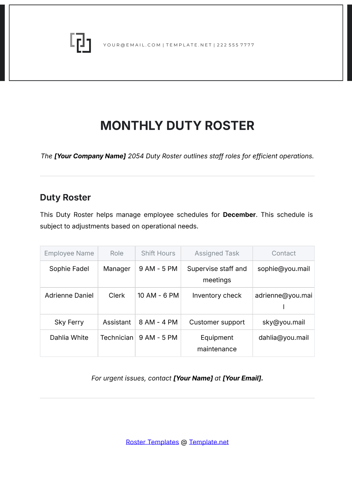 Monthly Duty Roster Template - Edit Online & Download