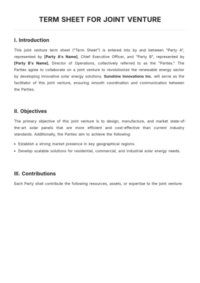 Free Term Sheet for Joint Venture Template to Edit Online