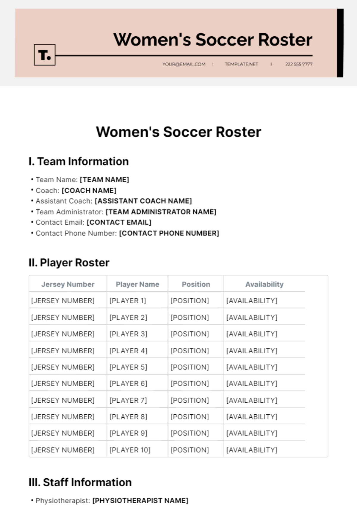 Women’s Soccer Roster Template