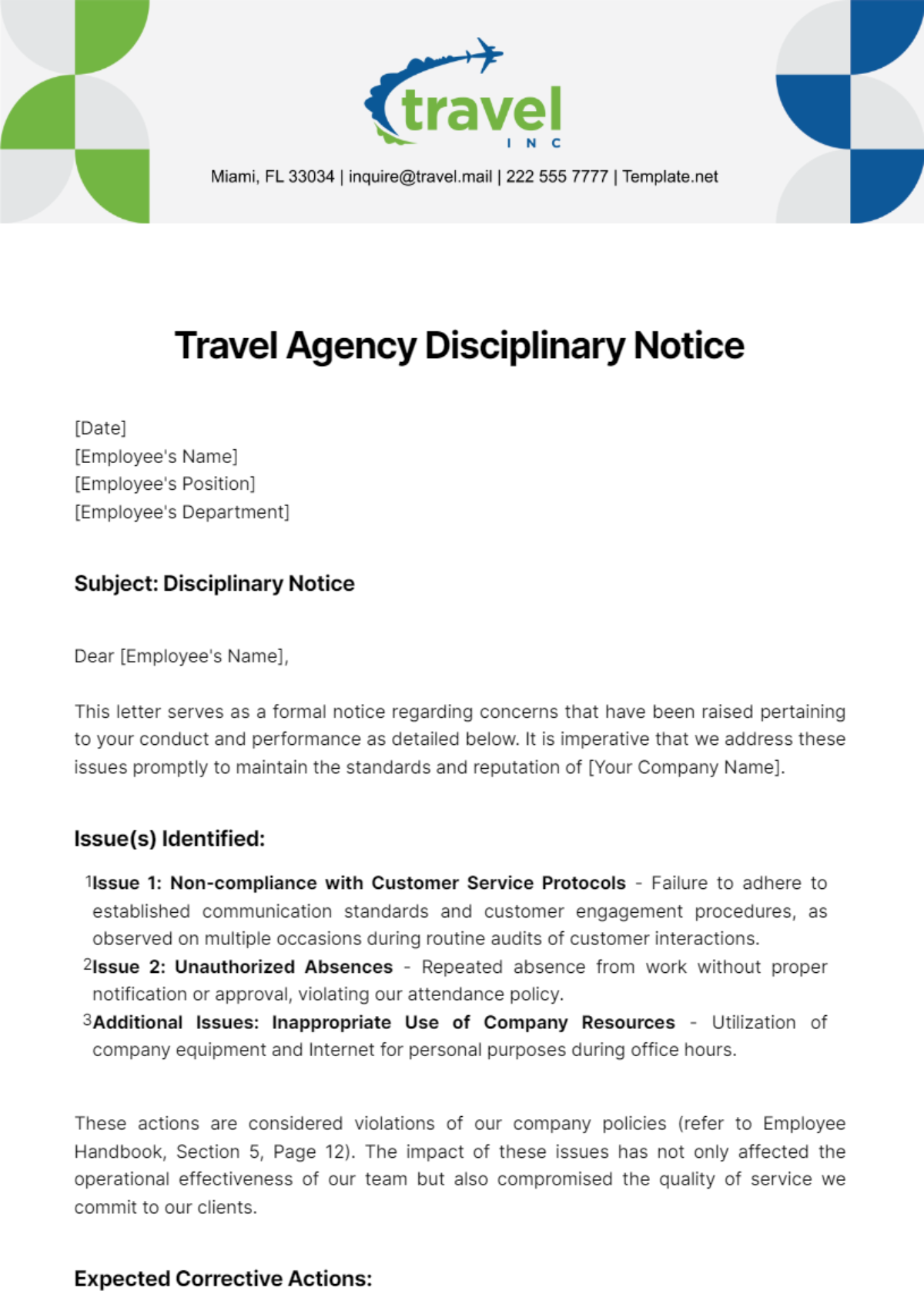 Travel Agency Disciplinary Notice Template