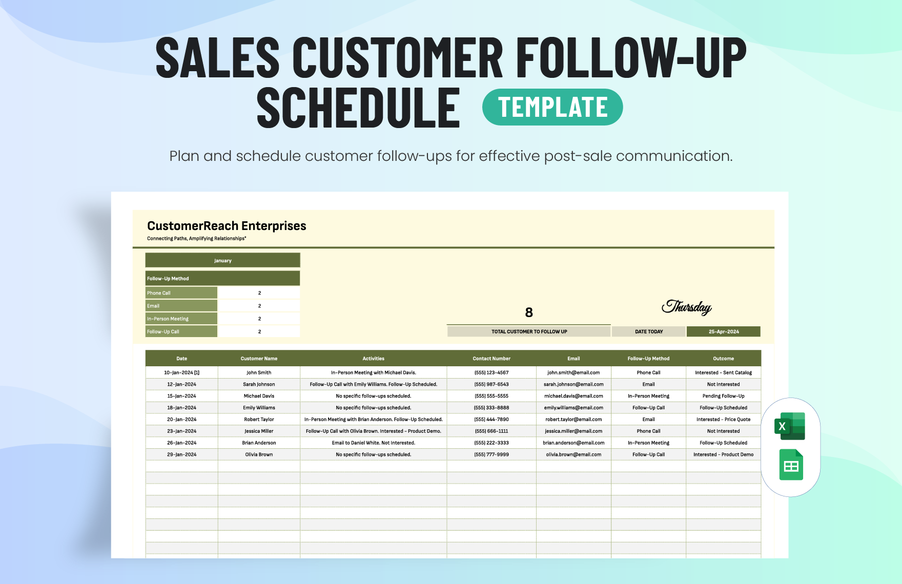 Sales Customer Follow-Up Schedule Template in Excel, Google Sheets