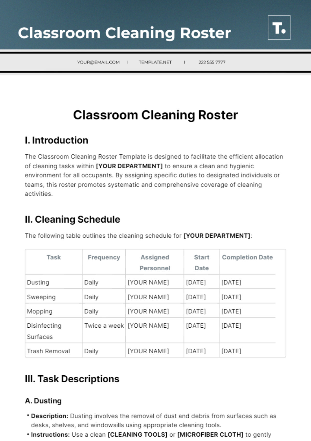 Classroom Cleaning Roster Template