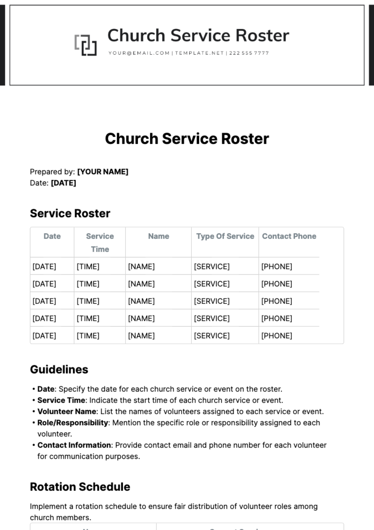 Church Service Roster Template