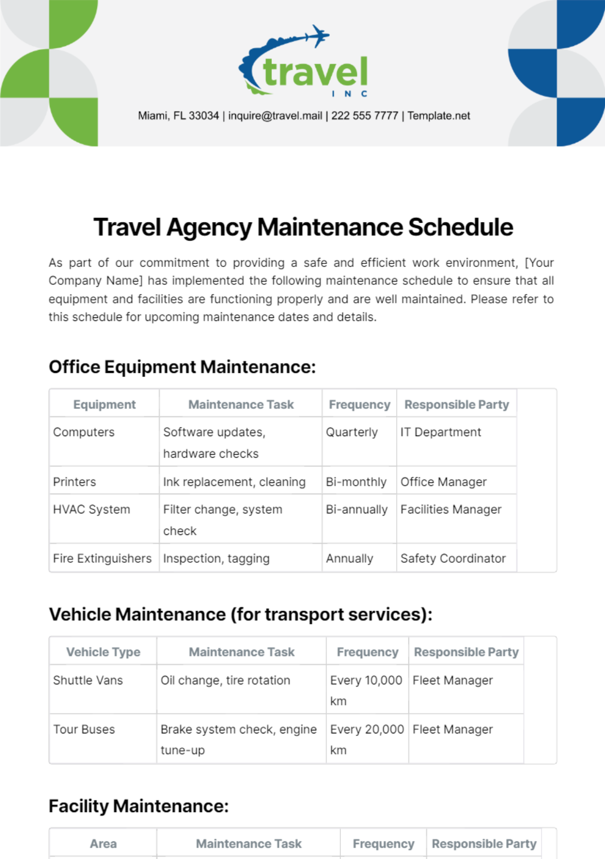 Free Travel Agency Maintenance Schedule Template