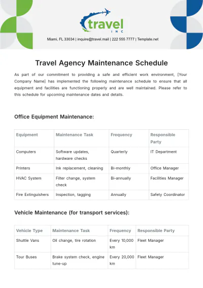 Free Travel Agency Maintenance Schedule Template to Edit Online