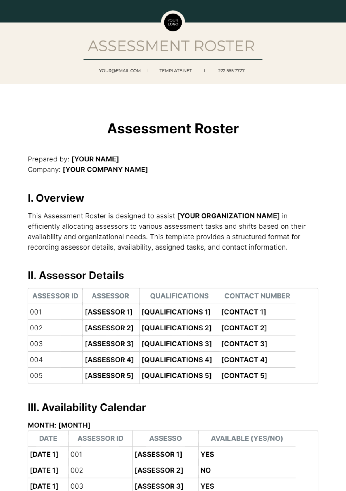 Assessment Roster Template