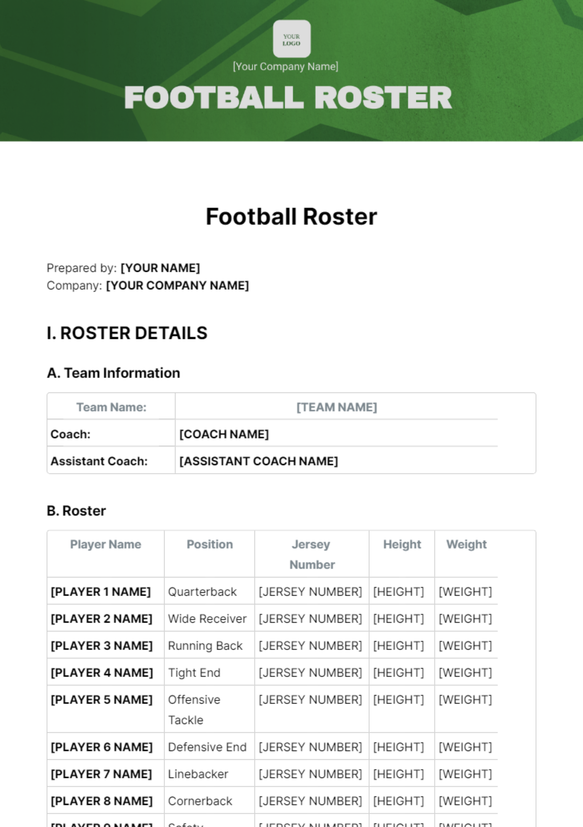 Football Roster Template