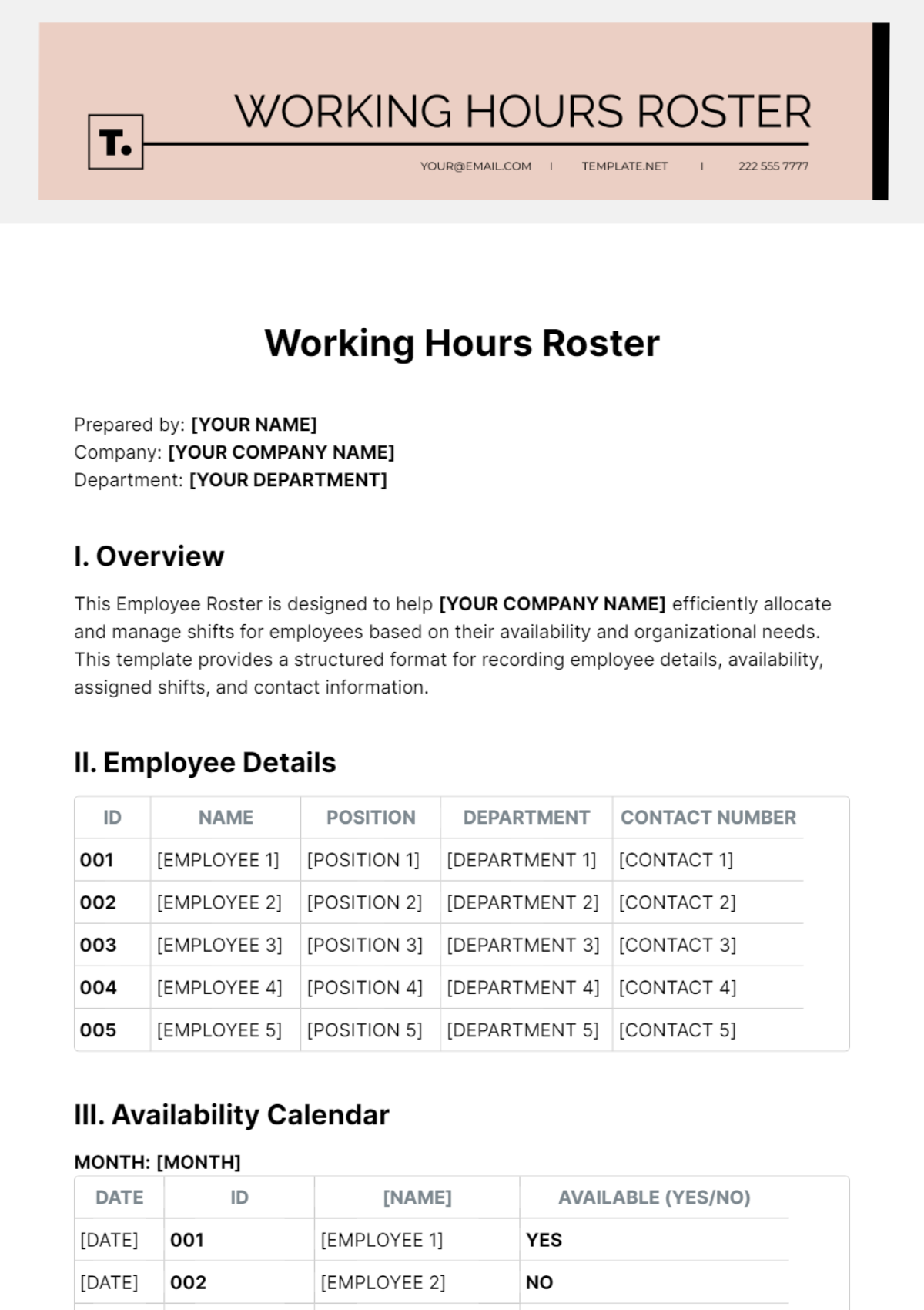 Working Hours Roster Template
