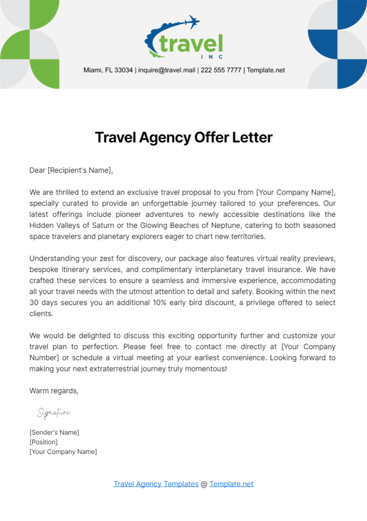 Travel Agency Offer Letter Template