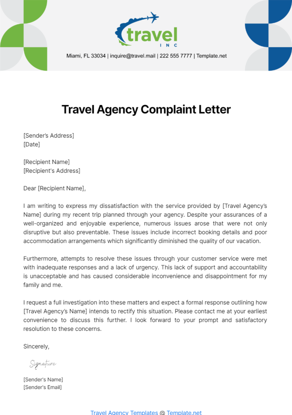 Travel Agency Complaint Letter Template