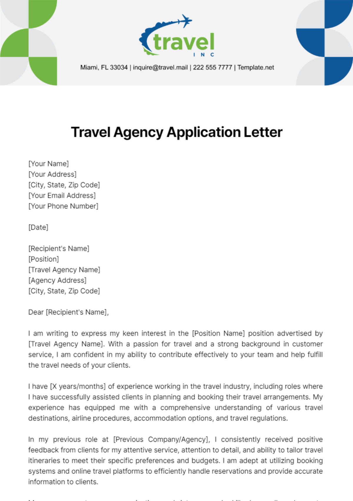 Travel Agency Application Letter Template