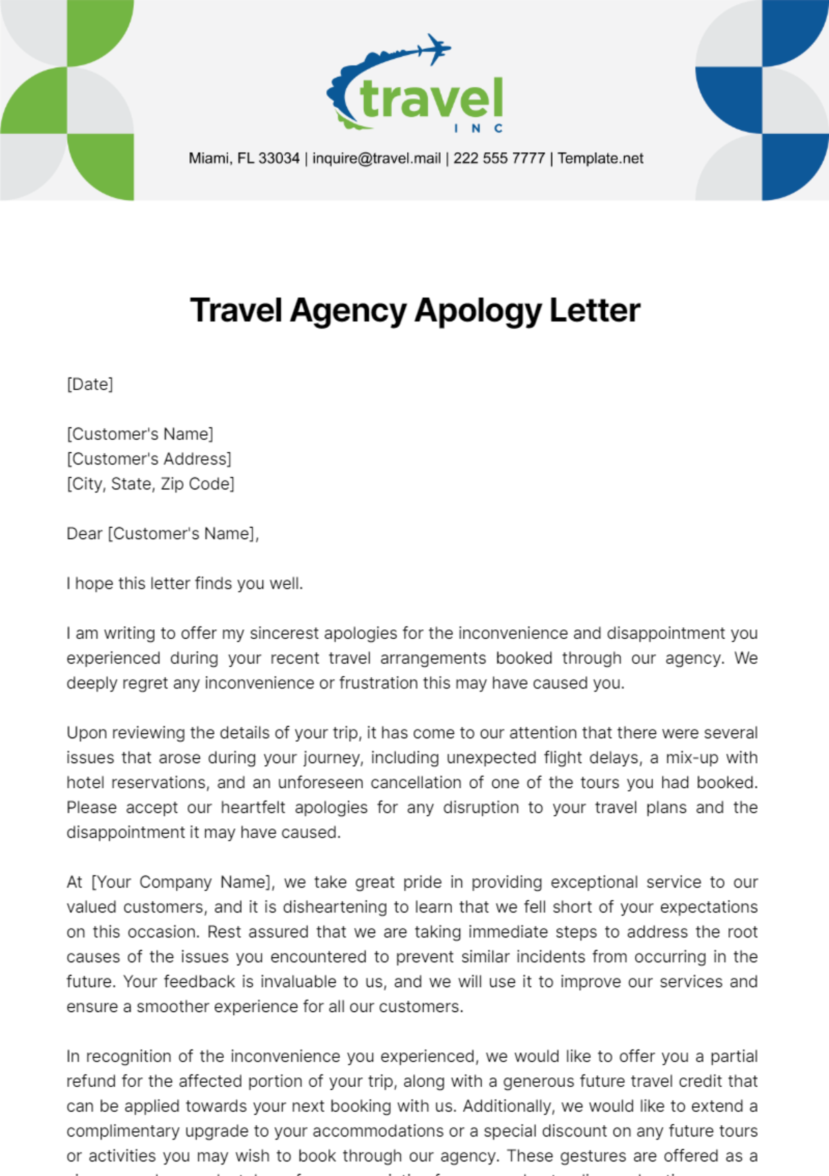 Travel Agency Apology Letter Template