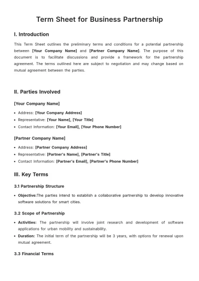 Free Term Sheet for Business Partnership Template to Edit Online