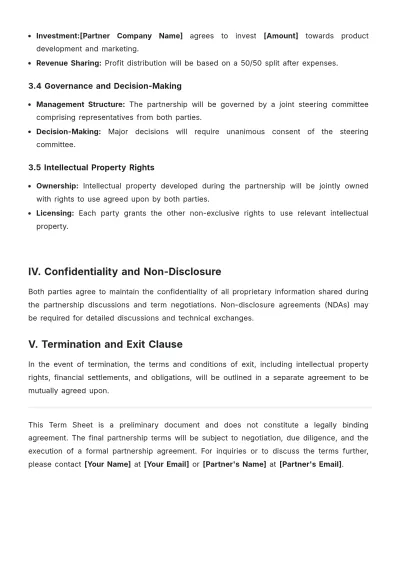 Free Term Sheet for Business Partnership Template to Edit Online