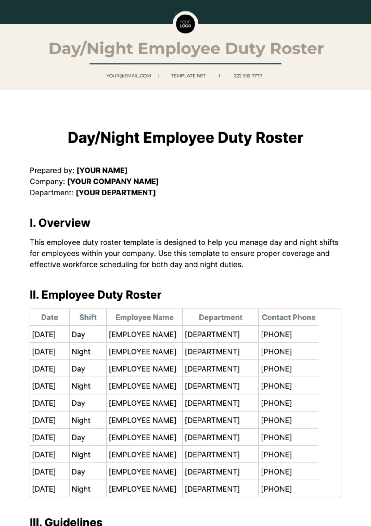 Day/Night Employee Duty Roster Template