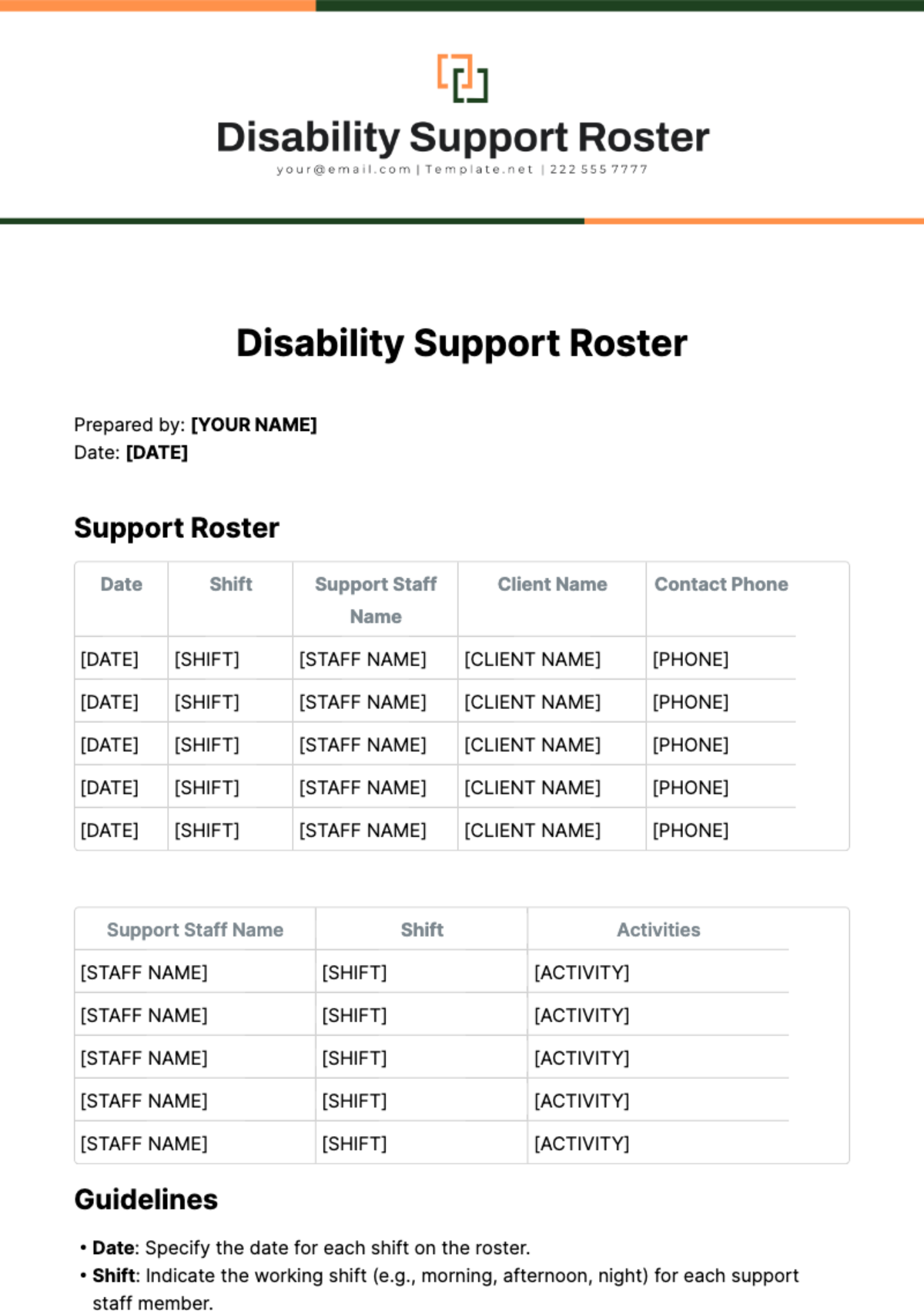 Disability Support Roster Template