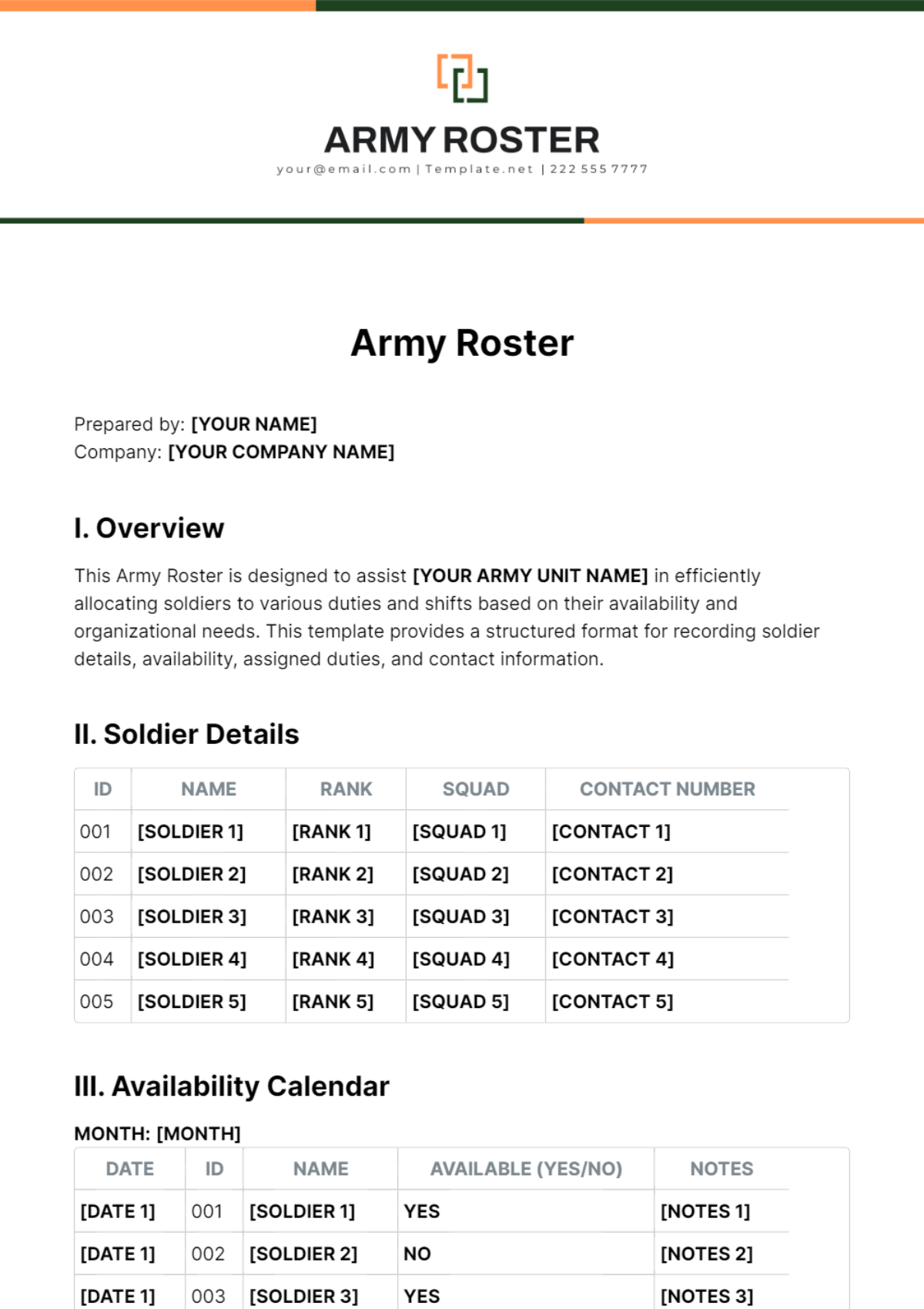 Army Roster Template