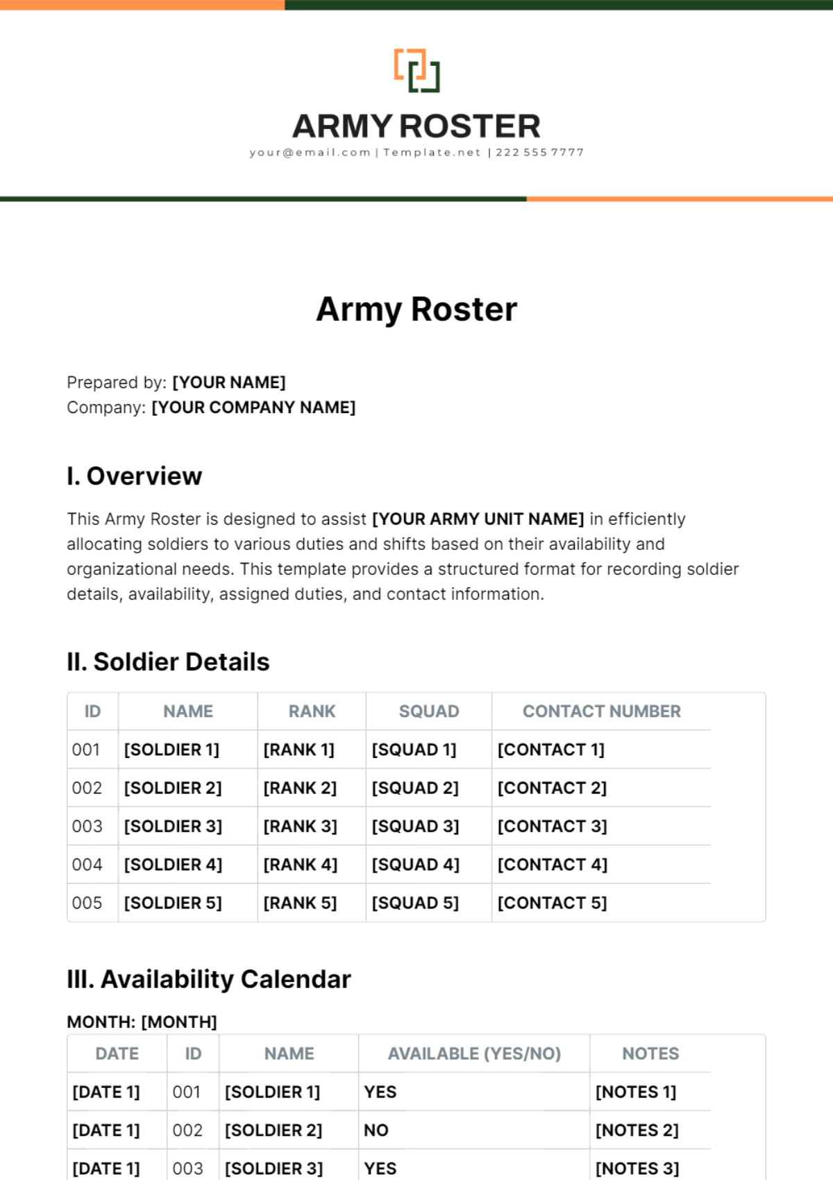 Free Army Roster Template - Edit Online & Download | Template.net