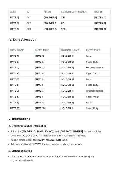 Free Army Roster Template to Edit Online