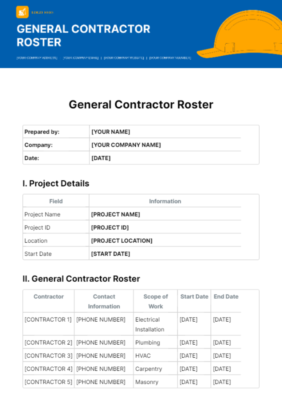 General Contractor Roster Template
