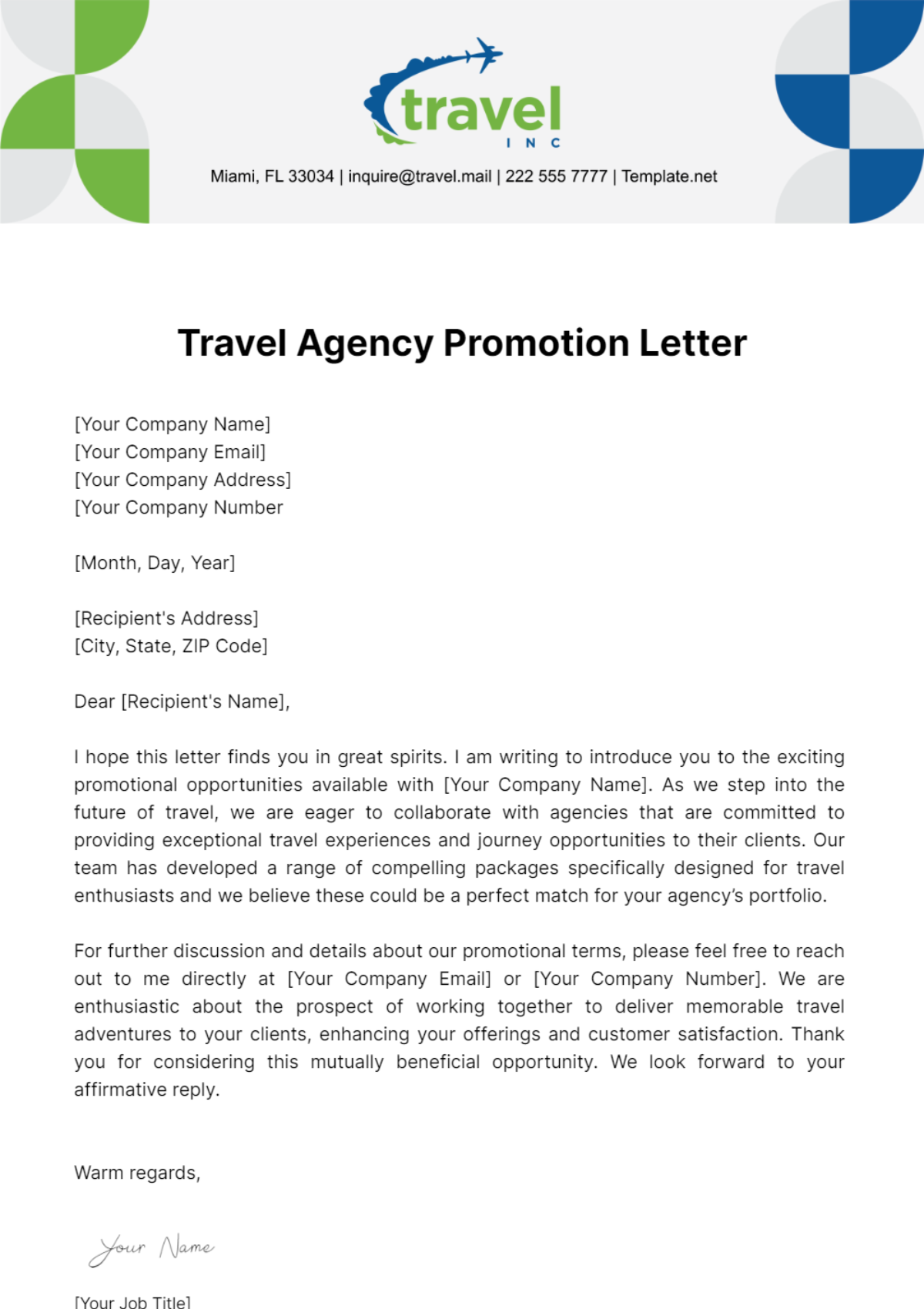 Free Travel Agency Promotion Letter Template