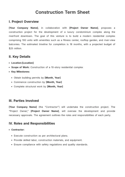 Free Construction Term Sheet Template to Edit Online