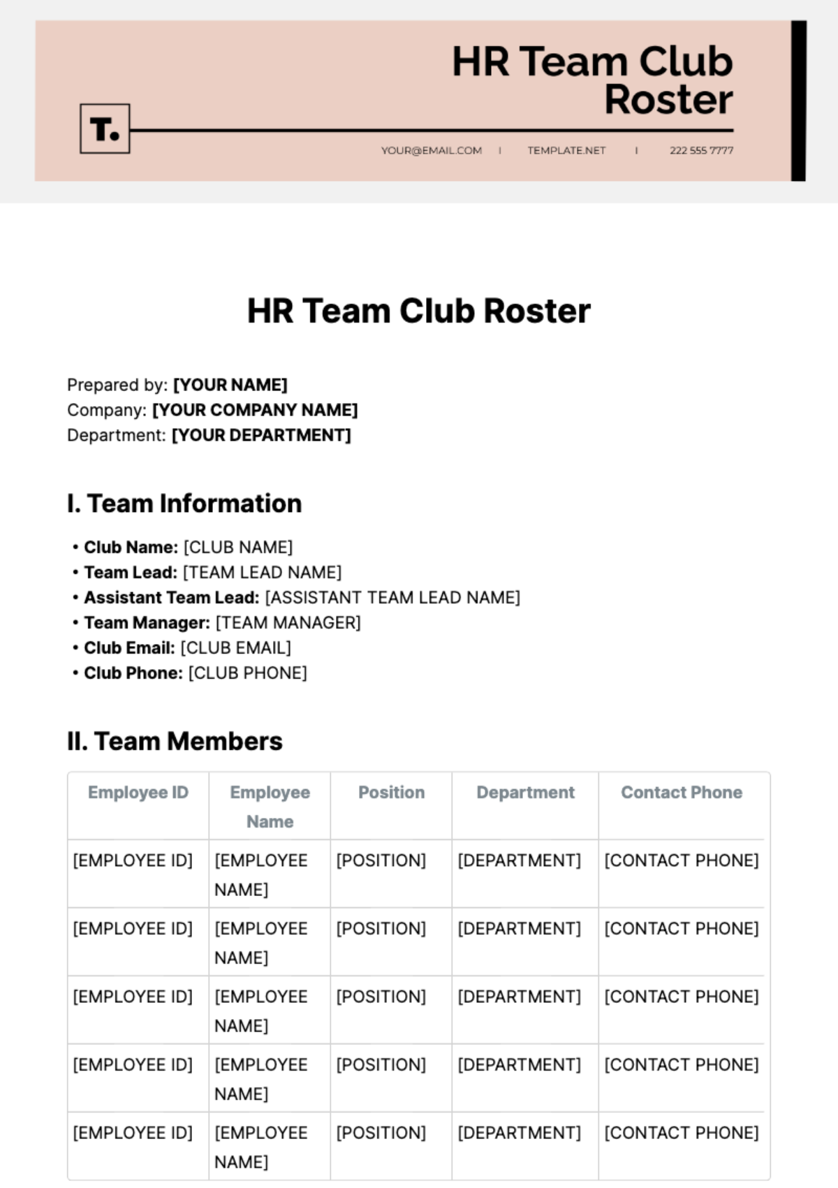 HR Team Club Roster Template