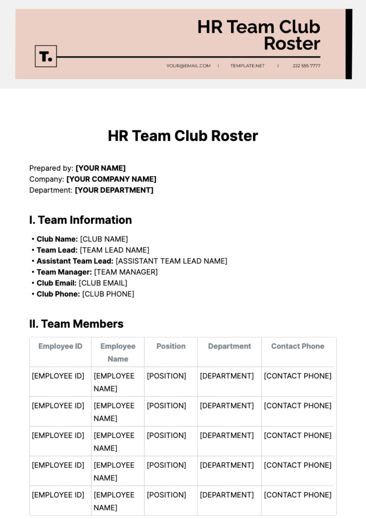 Free HR Team Club Roster Template to Edit Online